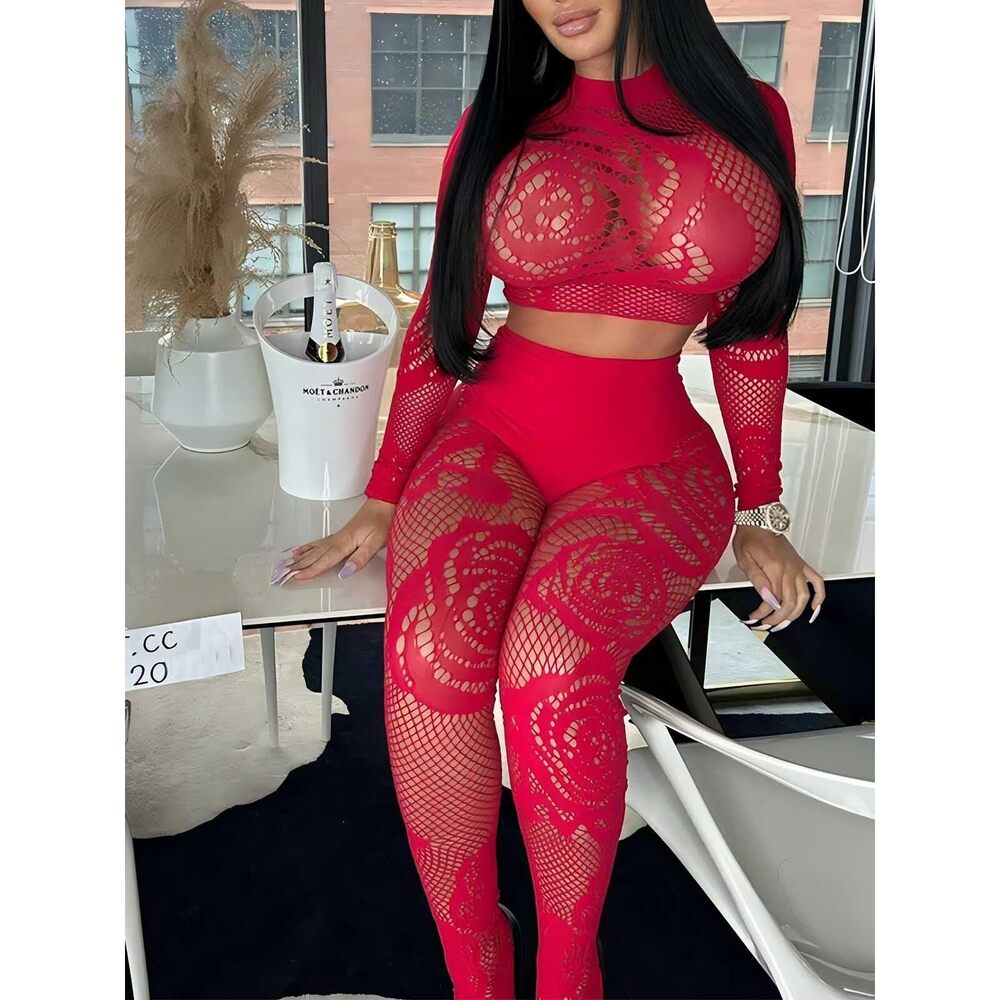 9514 Sexy Fishnet Seamless 2 Piece Outfits Mock Neck Long Sleeve Crop Top - Picture 6 of 6